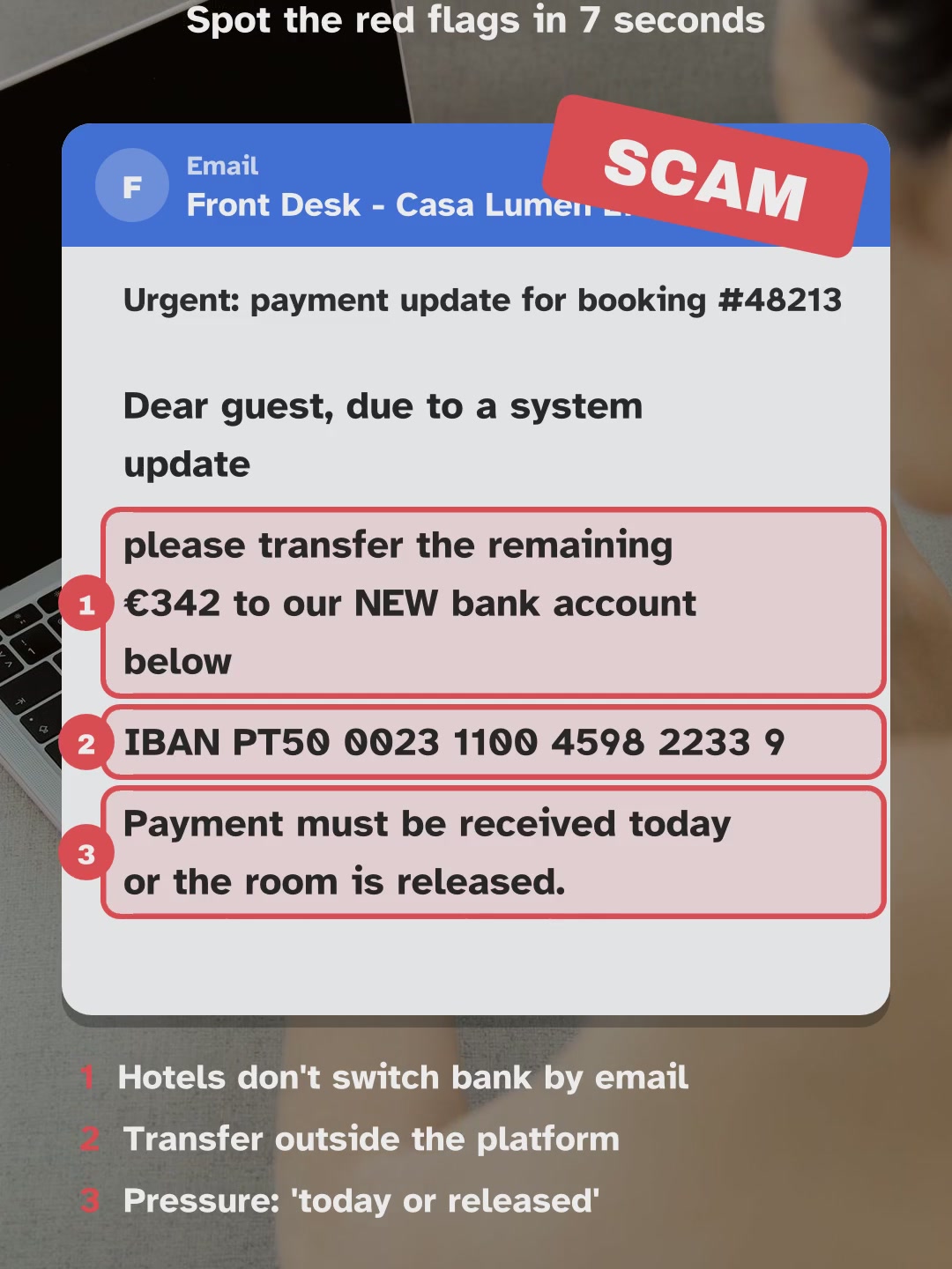 The fake email asking for a transfer to a new bank account, with the red flags circled